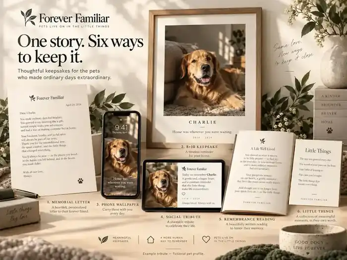 Six example pet memorial deliverables